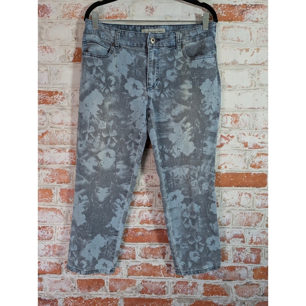 Chico's Platinum Denim Crop Jeans Womens 6 Blue Floral Print Stretch Pants
